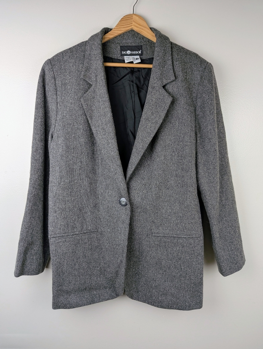 Sag Harbor Women's Dark Gray Button Wool Blend Suit Jacket Size 12 Vtg Lagenlook